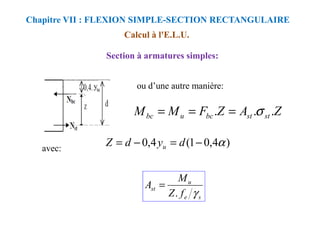 Calcul à l'E.L.U.
Chapitre VII : FLEXION SIMPLE-SECTION RECTANGULAIRE
ou d’une autre manière:
Z
A
Z
F
M
M st
st
bc
u
bc .
.
. σ
=
=
=
Section à armatures simples:
Z
A
Z
F
M
M st
st
bc
u
bc .
.
. σ
=
=
=
avec:
)
4
,
0
1
(
4
,
0 α
−
=
−
= d
y
d
Z u
s
e
u
st
f
Z
M
A
γ
.
=
 