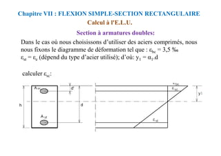 Dans le cas où nous choisissons d’utiliser des aciers comprimés, nous
nous fixons le diagramme de déformation tel que : εbc = 3,5 ‰
εst = εe (dépend du type d’acier utilisé); d’où: y1 = α1.d
calculer εsc:
Calcul à l'E.L.U.
Section à armatures doubles:
Chapitre VII : FLEXION SIMPLE-SECTION RECTANGULAIRE
 