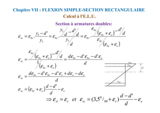 Calcul à l'E.L.U.
Section à armatures doubles:
Chapitre VII : FLEXION SIMPLE-SECTION RECTANGULAIRE
( )
( )
( ) e
bc
bc
e
bc
bc
e
bc
bc
e
bc
bc
bc
bc
bc
sc
d
d
d
d
d
d
d
d
y
d
d
d
y
y
d
y
ε
ε
ε
ε
ε
ε
ε
ε
ε
ε
ε
ε
ε
ε
ε
ε
ε
−
−
=
−
+
=
+
−
+
=
−
=
−
=
'
'
'
'
.
'
.
'
.
1
1
1
1
( )
( )
( ) e
e
bc
sc
e
e
e
bc
bc
sc
e
bc
bc
e
bc
e
bc
sc
d
d
d
d
d
d
d
d
d
d
d
d
d
d
ε
ε
ε
ε
ε
ε
ε
ε
ε
ε
ε
ε
ε
ε
ε
ε
ε
ε
−
−
+
=
−
+
−
−
=
−
−
=
+
+
=
'
'
'
'
'
1
e
e
sc
e
st
d
d
d
et ε
ε
ε
ε
ε −
−
+
=
=
⇒
'
)
/
5
,
3
( 00
0
 