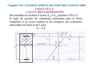 CALCUL DES CONTRAINTES
On considère les sections d 'aciers Asc et Ast calculées à I'E.L.U
Il s'agit de calculer les contraintes maximales pour le béton
comprimé et les aciers tendues et les comparer aux contraintes
admissibles du béton et de l' acier.
d’ = δ’d
Calcul à l’E.L.S.
Chapitre VII : FLEXION SIMPLE-SECTION RECTANGULAIRE
 