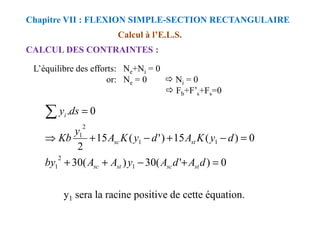 Calcul à l’E.L.S.
CALCUL DES CONTRAINTES :
Chapitre VII : FLEXION SIMPLE-SECTION RECTANGULAIRE
L’équilibre des efforts: Ne+Ni = 0
or: Ne = 0 Ni = 0
Fb+F’s+Fs=0
0
. =
∑ ds
yi
y1 sera la racine positive de cette équation.
0
)
'
(
30
)
(
30
0
)
(
15
)
'
(
15
2
0
.
1
2
1
1
1
2
1
=
+
−
+
+
=
−
+
−
+
⇒
=
∑
d
A
d
A
y
A
A
by
d
y
K
A
d
y
K
A
y
Kb
ds
y
st
sc
st
sc
st
sc
i
 