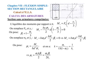 On remplace Fb et y1 :
Section sans armatures comprimées:
Calcul à l’E.L.S.
CALCUL DES ARMATURES
Chapitre VII : FLEXION SIMPLE-
SECTION RECTANGULAIRE
L’équilibre des moments par rapport à A: 





−
=
3
1
y
d
F
M b
s
0
3
1
2
1
1
=






−
−
α
σ
d
by
M b
s
1 1
α
β −
=
On pose: 3
2 

1
2
1
1
2
1
2
0
2
β
σ
α
β
σ
α s
s
s
s
k
d
b
M
k
d
b
M =
⇒
=
−
On pose:
s
s
bd
M
σ
µ 2
1 = et on a:
1
1
1 1
)
1
(
15 k
k =
−
=
α
α
1
1
1
1
1
1
2
2 k
k β
α
β
α
µ =
=
⇒
3
1 1
1
α
β −
=
On pose:
On remplace σb et y1 :
 