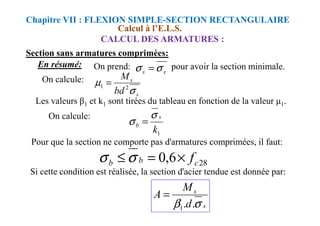 Calcul à l’E.L.S.
CALCUL DES ARMATURES :
Section sans armatures comprimées:
Chapitre VII : FLEXION SIMPLE-SECTION RECTANGULAIRE
En résumé: On prend: s
s σ
σ = pour avoir la section minimale.
On calcule:
s
s
bd
M
σ
µ 2
1 =
Les valeurs β1 et k1 sont tirées du tableau en fonction de la valeur 1.
σ
On calcule:
Pour que la section ne comporte pas d'armatures comprimées, il faut:
Si cette condition est réalisée, la section d'acier tendue est donnée par:
1
k
s
b
σ
σ =
On calcule:
28
6
,
0 c
b
b f
×
=
≤ σ
σ
s
s
d
M
A
σ
β .
.
1
=
 
