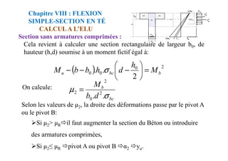Cela revient à calculer une section rectangulaire de largeur b0, de
hauteur (h,d) soumise à un moment fictif égal à:
CALCUL A L’ELU
Section sans armatures comprimées :
Chapitre VIII : FLEXION
SIMPLE-SECTION EN TÉ
( ) 2
0
0
0
2
.
. b
bc
u M
h
d
h
b
b
M =






−
−
− σ
M
2
2 

On calcule:
bc
b
d
b
M
σ
µ
.
. 2
0
2
2 =
Selon les valeurs de 2, la droite des déformations passe par le pivot A
ou le pivot B:
Si 2> R il faut augmenter la section du Béton ou introduire
des armatures comprimées,
Si 2≤ R pivot A ou pivot B α2 yu.
 