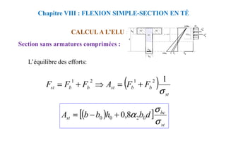 CALCUL A L’ELU :
Section sans armatures comprimées :
Chapitre VIII : FLEXION SIMPLE-SECTION EN TÉ
L’équilibre des efforts:
( )
F
F
A
F
F
F
1
2
1
2
1
+
=
⇒
+
= ( )
st
b
b
st
b
b
st F
F
A
F
F
F
σ
1
2
1
2
1
+
=
⇒
+
=
( )
[ ]
st
bc
st d
b
h
b
b
A
σ
σ
α 0
2
0
0 8
,
0
+
−
=
 