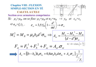 CALCUL A L’ELU
Section avec armatures comprimées
Chapitre VIII : FLEXION
SIMPLE-SECTION EN TÉ
Si: 2> R, on se fixe: 2= R et α2=αR → yR et εst=εe
σst=fe/γs . sc
sc
d
d
σ
α
ε →






−
=
'
1
5
,
3 00
0
⇒
=
= d
b
M
M σ
µ 2
2 M
M
M
1
−
−
=
⇒
=
= bc
R
R
b d
b
M
M σ
µ 2
0
2
( ) sc
R
b
u
sc
d
d
M
M
M
A
σ
'
−
−
−
=
st
st
sc
b
b
st A
F
F
F
F σ
.
2
1
=
+
+
=
( )
[ ]
s
e
sc
sc
bc
R
bc
st
f
A
d
b
h
b
b
A
γ
σ
σ
α
σ
1
8
,
0 0
0
0 +
+
−
=
( ) 





−
−
=
2
0
0
0
1 h
d
h
b
b
M bc
b σ
 