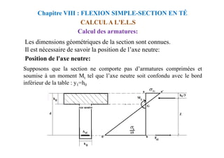 Calcul des armatures:
Position de l'axe neutre:
Supposons que la section ne comporte pas d’armatures comprimées et
soumise à un moment Mt tel que l’axe neutre soit confondu avec le bord
CALCUL A L'E.L.S
Les dimensions géométriques de la section sont connues.
Il est nécessaire de savoir la position de l’axe neutre:
Chapitre VIII : FLEXION SIMPLE-SECTION EN TÉ
t
inférieur de la table : y1=h0
 