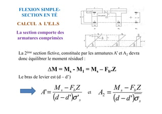 La 2ème section fictive, constituée par les armatures A’ et A2 devra
donc équilibrer le moment résiduel :
CALCUL A L'E.L.S
FLEXION SIMPLE-
SECTION EN TÉ
La section comporte des
armatures comprimées
donc équilibrer le moment résiduel :
∆M = Ms - M1 = Ms – Fb.Z
Le bras de levier est (d – d’)
( ) s
b
s
d
d
Z
F
M
A
'
'
'
σ
−
−
= et
( ) s
b
s
d
d
Z
F
M
A
σ
'
2
−
−
=
 