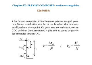 En flexion composée, il faut toujours préciser en quel point
on effectue la réduction des forces car la valeur des moments
est dépendante de ce point. Ce point sera normalement, soit au
CDG du béton (sans armatures) = (G); soit au centre de gravité
des armatures tendues (A).
Chapitre IX: FLEXI0N COMPOSÉE- section rectangulaire
Généralités
des armatures tendues (A).
N
M
e
N
M
e A
a
G
=
= ;
 
