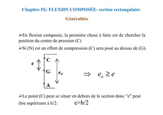 En flexion composée, la première chose à faire est de chercher la
position du centre de pression (C)
Si (N) est un effort de compression (C) sera posé au dessus de (G).
Chapitre IX: FLEXI0N COMPOSÉE- section rectangulaire
Généralités
Le point (C) peut se situer en dehors de la section donc "e" peut
être supérieure à h/2: e>h/2
e
ea ≥
⇒
 