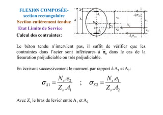 Etat Limite de Service
Calcul des contraintes:
Le béton tendu n’intervient pas, il suffit de vérifier que les
contraintes dans l’acier sont inférieures à dans le cas de la
fissuration préjudiciable ou très préjudiciable.
FLEXI0N COMPOSÉE-
section rectangulaire
Section entièrement tendue
fissuration préjudiciable ou très préjudiciable.
En écrivant successivement le moment par rapport à A1 et A2:
Avec Zs le bras de levier entre A1 et A2
2
1
2
1
2
1
.
.
;
.
.
A
Z
e
N
A
Z
e
N
s
s
S
s
s
S =
= σ
σ
 
