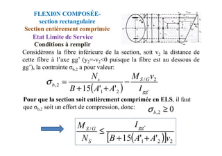 FLEXI0N COMPOSÉE-
section rectangulaire
Section entièrement comprimée
Etat Limite de Service
Considérons la fibre inférieure de la section, soit v2 la distance de
cette fibre à l’axe gg’ (y2=-v2<0 puisque la fibre est au dessous de
gg’), la contrainte σb,2 a pour valeur:
2
/G
S
s v
M
N
−
=
σ
Conditions à remplir
Pour que la section soit entièrement comprimée en ELS, il faut
que σb,2 soit un effort de compression, donc:
( ) '
2
/
2
1
2
,
'
'
15 gg
G
S
s
b
I
v
M
A
A
B
N
−
+
+
=
σ
0
2
, ≥
b
σ
( )
[ ] 2
2
1
'
/
'
'
15 v
A
A
B
I
N
M gg
S
G
S
+
+
≤
 