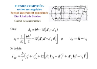 Calcul des contraintes
On a: ( )
2
1
0 '
'
15 A
A
bh
B +
+
=

bh2
1
FLEXI0N COMPOSÉE-
section rectangulaire
Section entièrement comprimée
Etat Limite de Service
et
On déduit:
( )





+
+
= d
A
d
A
bh
B
v 2
1
2
0
1 '
'
'
15
2
1
1
2 v
h
v −
=
( ) ( ) ( )
[ ]
2
1
2
2
1
1
3
2
3
1
' '
'
'
15
3
v
d
A
d
v
A
v
v
b
Igg −
+
−
+
+
=
 