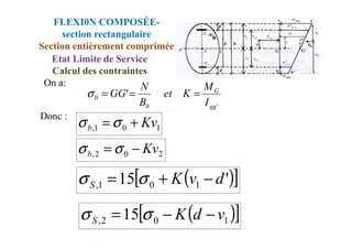 Donc :
On a:
'
0
0 '
gg
G
I
M
K
et
B
N
GG =
=
=
σ
1
0
1
, Kv
b +
= σ
σ
FLEXI0N COMPOSÉE-
section rectangulaire
Section entièrement comprimée
Etat Limite de Service
Calcul des contraintes
1
0
1
, Kv
b +
= σ
σ
2
0
2
, Kv
b −
= σ
σ
( )
[ ]
'
15 1
0
1
, d
v
K
S −
+
= σ
σ
( )
[ ]
1
0
2
, 15 v
d
K
S −
−
= σ
σ
 