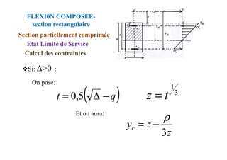 On pose:
Si: >0 :
FLEXI0N COMPOSÉE-
section rectangulaire
Section partiellement comprimée
Etat Limite de Service
Calcul des contraintes
On pose:
Et on aura:
( )
q
t −
∆
= 5
,
0 3
1
t
z =
z
z
yc
3
ρ
−
=
 