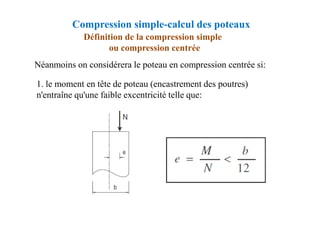 Néanmoins on considérera le poteau en compression centrée si:
1. le moment en tête de poteau (encastrement des poutres)
n'entraîne qu'une faible excentricité telle que:
Définition de la compression simple
ou compression centrée
Compression simple-calcul des poteaux
 