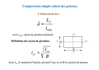 L'élancement de λ
avec imin: rayon de giration minimal
Compression simple-calcul des poteaux
min
i
Lf
=
λ
avec imin: rayon de giration minimal
Définition du rayon de giration:
Avec Ixx le moment d’inertie suivant l’axe xx et B la section du poteau
B
I
i xx
xx =
 