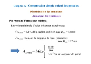 Pourcentage d'armatures minimal
La section minimale d’acier à disposer est telle que:
Ascmin = 0,2 % de la section du béton avec ∅min = 12 mm
Chapitre X : Compression simple-calcul des poteaux
Détermination des armatures
Armatures longitudinales
Ascmin = 0,2 % de la section du béton avec ∅min = 12 mm
Ascmin =4cm2/m de longueur de paroi (périmètre)
avec ∅min = 12 mm





= 100
2
,
0
/
4
min 2
B
paroi
de
longueur
de
m
cm
sc Max
A
 