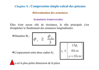 Armatures transversales
Elles n'ont aucun rôle de résistance, le rôle principale c'est
d'empêcher le flambement des armatures longitudinales.
Diamètre Ф :
Chapitre X : Compression simple-calcul des poteaux
Détermination des armatures
Diamètre Фt :
L'espacement entre deux cadres St:
a est la plus petite dimension de la pièce
 