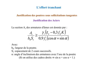 Justification des Aciers
La section At des armatures d'âmes est donnée par :
Justification des poutres sous sollicitations tangentes
L'effort tranchant
( )
τ
γ 3
,
0
−
≥
tj
u
s
t
K
f
A
Avec:
b0: largeur de la poutre.
St: espacement de 2 cours successifs.
α: angle d’inclinaison des armatures avec l’axe de la poutre
(Si on utilise des cadres droits ⇒ sin α + cos α = 1.)
( )
( )
α
α
τ
γ
sin
cos
9
,
0
3
,
0
0 +
−
≥
e
tj
u
s
t
t
f
K
f
S
b
A
 