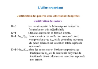 Justification des poutres sous sollicitations tangentes
Justification des Aciers
K=0 : en cas de reprise de bétonnage ou lorsque la
fissuration est très préjudiciable
K=1 : dans les autres cas en flexion simple.
L'effort tranchant
K=1+3σcm/fc28: dans les autres cas en flexion composée avec
compression avec σcm est la contrainte moyenne
du béton calculée sur la section totale supposée
non armée.
K=1-10σtm/fc28: dans les autres cas en flexion composée avec
traction avec σtm est la contrainte moyenne de
traction du béton calculée sur la section supposée
non armée.
 