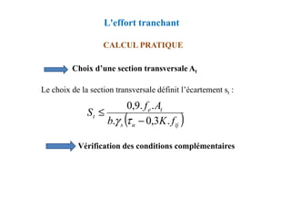 Choix d’une section transversale At
Le choix de la section transversale définit l’écartement st :
CALCUL PRATIQUE
L'effort tranchant
A
f .
.
9
,
0
Vérification des conditions complémentaires
( )
tj
u
s
t
e
t
f
K
b
A
f
S
.
3
,
0
.
.
.
9
,
0
−
≤
τ
γ
 