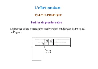Position du premier cadre
Le premier cours d’armatures transversales est disposé à St/2 du nu
de l’appui.
CALCUL PRATIQUE
L'effort tranchant
 