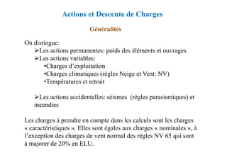 On distingue:
Les actions permanentes: poids des éléments et ouvrages
Les actions variables:
•Charges d’exploitation
•Charges climatiques (règles Neige et Vent: NV)
•Températures et retrait
Généralités
Actions et Descente de Charges
•Températures et retrait
Les actions accidentelles: séismes (règles parasismiques) et
incendies
Les charges à prendre en compte dans les calculs sont les charges
« caractéristiques ». Elles sont égales aux charges « nominales », à
l’exception des charges de vent normal des règles NV 65 qui sont
à majorer de 20% en ELU.
 