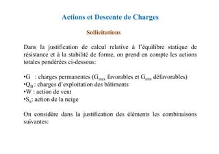 Sollicitations
Dans la justification de calcul relative à l’équilibre statique de
résistance et à la stabilité de forme, on prend en compte les actions
totales pondérées ci-dessous:
•G : charges permanentes (Gmax favorables et Gmin défavorables)
Actions et Descente de Charges
•G : charges permanentes (Gmax favorables et Gmin défavorables)
•QB : charges d’exploitation des bâtiments
•W : action de vent
•Sn: action de la neige
On considère dans la justification des éléments les combinaisons
suivantes:
 