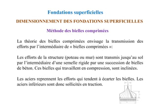 Fondations superficielles
DIMENSIONNEMENT DES FONDATIONS SUPERFICIELLES
La théorie des bielles comprimées envisage la transmission des
efforts par l’intermédiaire de « bielles comprimées »:
Les efforts de la structure (poteau ou mur) sont transmis jusqu’au sol
Méthode des bielles comprimées
Les efforts de la structure (poteau ou mur) sont transmis jusqu’au sol
par l’intermédiaire d’une semelle rigide par une succession de bielles
de béton. Ces bielles qui travaillent en compression, sont inclinées.
Les aciers reprennent les efforts qui tendent à écarter les bielles. Les
aciers inférieurs sont donc sollicités en traction.
 