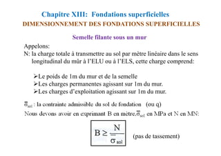 Chapitre XIII: Fondations superficielles
DIMENSIONNEMENT DES FONDATIONS SUPERFICIELLES
Appelons:
N: la charge totale à transmettre au sol par mètre linéaire dans le sens
longitudinal du mûr à l’ELU ou à l’ELS, cette charge comprend:
Le poids de 1m du mur et de la semelle
Semelle filante sous un mur
Le poids de 1m du mur et de la semelle
Les charges permanentes agissant sur 1m du mur.
Les charges d’exploitation agissant sur 1m du mur.
(pas de tassement)
 