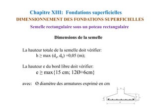 La hauteur totale de la semelle doit vérifier:
h ≥ max (da, db) +0,05 (m);
Chapitre XIII: Fondations superficielles
DIMENSIONNEMENT DES FONDATIONS SUPERFICIELLES
Semelle rectangulaire sous un poteau rectangulaire
Dimensions de la semelle
h ≥ max (da, db) +0,05 (m);
La hauteur e du bord libre doit vérifier:
e ≥ max{15 cm; 12Ø+6cm}
avec: Ø diamètre des armatures exprimé en cm
 