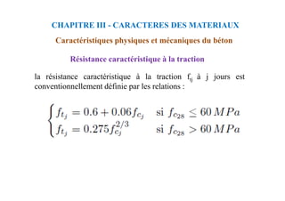 Résistance caractéristique à la traction
la résistance caractéristique à la traction ftj à j jours est
conventionnellement définie par les relations :
CHAPITRE III - CARACTERES DES MATERIAUX
Caractéristiques physiques et mécaniques du béton
 