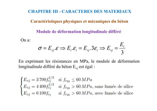Module de déformation longitudinale différé
CHAPITRE III - CARACTERES DES MATERIAUX
Caractéristiques physiques et mécaniques du béton
On a:
3
3
.
.
. i
vj
i
vj
i
i
vj
E
E
E
E
E =
⇒
=
⇒
= ε
ε
ε
σ
En exprimant les résistances en MPa, le module de déformation
longitudinale différé du béton Evj est égal :
 
