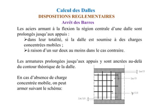 DISPOSITIONS REGLEMENTAIRES
Les aciers armant à la flexion la région centrale d’une dalle sont
prolongés jusqu’aux appuis :
dans leur totalité, si la dalle est soumise à des charges
concentrées mobiles ;
à raison d’un sur deux au moins dans le cas contraire.
Arrêt des Barres
Calcul des Dalles
Les armatures prolongées jusqu’aux appuis y sont ancrées au-delà
du contour théorique de la dalle.
En cas d’absence de charge
concentrée mobile, on peut
armer suivant le schéma:
 