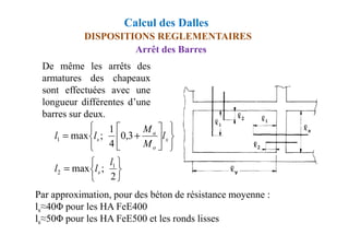 DISPOSITIONS REGLEMENTAIRES
Arrêt des Barres
De même les arrêts des
armatures des chapeaux
sont effectuées avec une
longueur différentes d’une
barres sur deux.

 

1 M
Calcul des Dalles






=












+
=
2
;
max
3
,
0
4
1
;
max
1
2
1
l
l
l
l
M
M
l
l
s
x
o
a
s
Par approximation, pour des béton de résistance moyenne :
ls≈40Φ pour les HA FeE400
ls≈50Φ pour les HA FeE500 et les ronds lisses
 