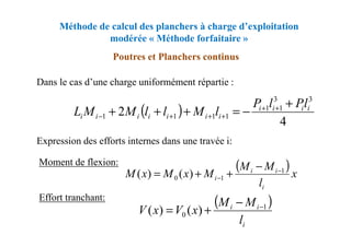 Méthode de calcul des planchers à charge d’exploitation
modérée « Méthode forfaitaire »
Poutres et Planchers continus
Dans le cas d’une charge uniformément répartie :
( )
4
2
3
3
1
1
1
1
1
1
i
i
i
i
i
i
i
i
i
i
i
l
P
l
P
l
M
l
l
M
M
L
+
−
=
+
+
+ +
+
+
+
+
−
Expression des efforts internes dans une travée i:
Moment de flexion:
Effort tranchant:
4
( )x
l
M
M
M
x
M
x
M
i
i
i
i
1
1
0 )
(
)
( −
−
−
+
+
=
( )
i
i
i
l
M
M
x
V
x
V 1
0 )
(
)
( −
−
+
=
 