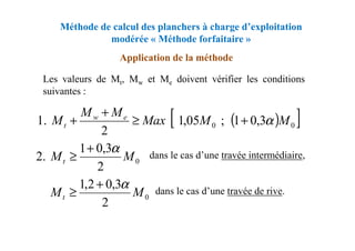 Méthode de calcul des planchers à charge d’exploitation
modérée « Méthode forfaitaire »
Application de la méthode
Les valeurs de Mt, Mw et Me doivent vérifier les conditions
suivantes :
( )
[ ]
0
0 3
,
0
1
;
05
,
1
2
.
1 M
M
Max
M
M
M e
w
t α
+
≥
+
+ ( )
[ ]
0
0 3
,
0
1
;
05
,
1
2
.
1 M
M
Max
Mt α
+
≥
+
0
2
3
,
0
1
.
2 M
Mt
α
+
≥
0
2
3
,
0
2
,
1
M
Mt
α
+
≥
dans le cas d’une travée intermédiaire,
dans le cas d’une travée de rive.
 