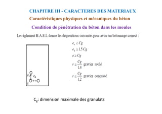 Condition de pénétration du béton dans les moules
CHAPITRE III - CARACTERES DES MATERIAUX
Caractéristiques physiques et mécaniques du béton
Cg: dimension maximale des granulats
 