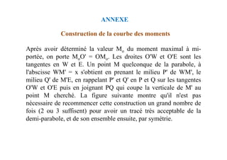 ANNEXE
Construction de la courbe des moments
Après avoir déterminé la valeur Mo du moment maximal à mi-
portée, on porte MoO' = OMo. Les droites O'W et O'E sont les
tangentes en W et E. Un point M quelconque de la parabole, à
l'abscisse WM' = x s'obtient en prenant le milieu P' de WM', le
milieu Q' de M'E, en rappelant P' et Q' en P et Q sur les tangentes
O'W et O'E puis en joignant PQ qui coupe la verticale de M' au
point M cherché. La figure suivante montre qu'il n'est pas
nécessaire de recommencer cette construction un grand nombre de
fois (2 ou 3 suffisent) pour avoir un tracé très acceptable de la
demi-parabole, et de son ensemble ensuite, par symétrie.
 