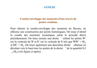 Courbe-enveloppe des moments d'une travée de
poutre continue
Pour obtenir la courbe-enveloppe des moments de flexion, on
effectue une construction par points homologues. On trace d’abord
la courbe des moments isostatiques selon le procédé décrit
précédemment. On trace ensuite une droite Δ ’ reliant les points W’
sur la verticale de W et E’ sur la verticale de E tels que WW’ = Mw
et EE’ = Me. On trace également une deuxième droite Δ obtenue en
décalant vers le haut tous les points de la droite Δ ’ de la quantité 0,3
α 0 M0 (voir figure ci-après).
ANNEXE
 