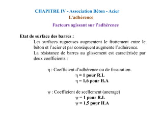Facteurs agissant sur l’adhérence
Etat de surface des barres :
Les surfaces rugueuses augmentent le frottement entre le
béton et l’acier et par conséquent augmente l’adhérence.
La résistance de barres au glissement est caractérisée par
deux coefficients :
CHAPITRE IV - Association Béton - Acier
L’adhérence
deux coefficients :
η : Coefficient d’adhérence ou de fissuration.
η = 1 pour R.L
η = 1,6 pour H.A
ψ : Coefficient de scellement (ancrage)
ψ = 1 pour R.L
ψ = 1,5 pour H.A
 