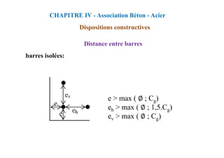 Distance entre barres
barres isolées:
CHAPITRE IV - Association Béton - Acier
Dispositions constructives
e > max ( ∅ ; Cg)
eh > max ( ∅ ; 1,5.Cg)
ev > max ( ∅ ; Cg)
 