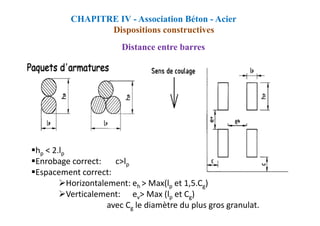 CHAPITRE IV - Association Béton - Acier
Dispositions constructives
Distance entre barres
hp < 2.lp
Enrobage correct: c>lp
Espacement correct:
Horizontalement: eh > Max(lp et 1,5.Cg)
Verticalement: ev> Max (lp et Cg)
avec Cg le diamètre du plus gros granulat.
 