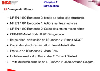 10Chapitre 1:
Introduction
1.4 Ouvrages de référence
 NF EN 1990 Eurocode 0: bases de calcul des structures
 NF EN 1991 Eurocode 1: Actions sur les structures
 NF EN 1992 Eurocode 2: Calcul des structures en béton
 CEB-FIP Model Code 1990: Design code
 Béton armé, application de l’Eurocode 2. Ronan NICOT
 Calcul des structures en béton. Jean-Marie Paillé
 Pratique de l’Eurocode 2. Jean Roux
 Le béton armé selon Eurocodes 2. Yannick Sieffert
 Traité de béton armé selon l’Eurocode 2. Jean-Armand Calgaro
©nguyenquanghuy2017
 