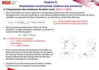 120
• Dans le cas de groupement de n barres de même
diamètre ∅, la règle précédente s’applique, en prenant en
compte le diamètre équivalent :
où n = nombre de barres du paquet
o n ≤ 4 : barres comprimées ou jonction par
recouvrement
o n ≤ 3 : barres tendues
• Dans le cas de plusieurs lits de barres horizontales, les
barres de chaque lit doivent être situées l’une au-dessus
de l’autre de manière à constituer des files verticales. Un
espace suffisant doit être ménagé entre ces files pour
permettre le passage d’un pervibrateur.
• Les barres d’un recouvrement peuvent être au contact
l’une de l’autre sur la longueur du recouvrement.
8.2 Espacement des armatures de béton armé (EC2-1-1 §8.2)
• Afin de permettre une mise en place et un compactage satisfaisant du béton et ainsi garantir le
développement d’une bonne adhérence, entre barres parallèles isolées ou entre lits horizontaux de barres
parallèles, les espacements libres horizontales eh ou verticales ev doivent être telles que
   
 h v max g
e ou e max ;d 5mm; 20mm
𝜙 𝑚𝑎𝑥 est le diamètre maximal de la barre
dg est la dimension du plus gros granulat
n
n 55mm   
Chapitre 8:
Dispositions constructives relatives aux armatures
©nguyenquanghuy2017
 