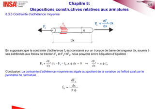 125
8.3.3 Contrainte d’adhérence moyenne
En supposant que la contrainte d’adhérence fb est constante sur un tronçon de barre de longueur dx, soumis à
ses extrémités aux forces de traction Fs et Fs+dFs, nous pouvons écrire l’équation d’équilibre :
Conclusion: La contrainte d’adhérence moyenne est égale au quotient de la variation de l’effort axial par le
périmètre de l’armature
Chapitre 8:
Dispositions constructives relatives aux armatures
©nguyenquanghuy2017
 