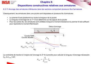134
8.3.11 Ancrage des armatures inférieures dans les sections comportant plusieurs lits d’armatures
Classiquement, les armatures dans une poutre sont disposées en plusieurs lits d’armatures:
• Le premier lit est positionné sur toute la longueur de la poutre
• La longueur d’ancrage de ce 1er lit se détermine sur les appuis de la poutre
• Pour les autres lits, les armatures sont arrêtées lorsque le moment résistance du premier lit est suffisant
pour reprendre le moment fléchissant
La contrainte de traction à l’origine de l’ancrage le 2e lit à prendre pour calculer la longueur d’ancrage nécessaire
(lbd ou lb,eq ) est :
x
M
saA sbA
Courbe RdM
Courbe décalée
Rd(A )saM
Rd(A A )sa sbM
La
bdl
Ed,maxM
Début d’ancrage
0x
sd
s,réel
  s
yk
A
f
A
Chapitre 8:
Dispositions constructives relatives aux armatures
©nguyenquanghuy2017
 