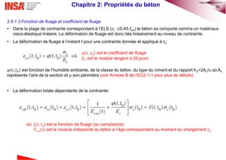 32
2.8.1.3 Fonction de fluage et coefficient de fluage
• Dans la plage de contrainte correspondant à l’ELS (𝜎𝑐 ≤0,45.fcm) le béton se comporte comme un matériaux
visco-élastique linéaire. La déformation de fluage est donc liée linéairement au niveau de contrainte.
• La déformation de fluage à l’instant t pour une contrainte donnée et appliqué à t0:
𝜑 𝑡, 𝑡0 est fonction de l’humidité ambiante, de la classe du béton, du type du ciment et du rapport h0=2Ac/u où Ac
représente l’aire de la section et u son périmètre (voir Annexe B de l’EC2-1-1 pour plus de détails)
• La déformation totale dépendante de la contrainte:
où: 𝐽(𝑡, 𝑡0) est la fonction de fluage (ou compliance)
𝐸 𝑐𝑚(𝑡) est le module d’élasticité du béton à l’âge correspondant au moment du chargement 𝑡0

 0 0( , ) ( , ) oùc
cc
c
t t t t
E
𝜑 𝑡, 𝑡0 est le coefficient de fluage
𝐸𝑐 est le module tangent à 28 jours


    
 
     
  
0
0 0 0 0 0 0
( , )1
( , ) ( ) ( , ) ( ) ( , ) ( )
( )c ci cc c c
cm c
t t
t t t t t t J t t t
E t E
Chapitre 2: Propriétés du béton
©nguyenquanghuy2017
 