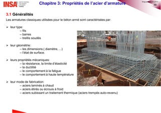 39Chapitre 3: Propriétés de l’acier d’armature
3.1 Généralités
Les armatures classiques utilisées pour le béton armé sont caractérisées par:
 leur type:
– fils
– barres
– treillis soudés
 leur géométrie:
– les dimensions ( diamètre, ...)
– l’état de surface.
 leurs propriétés mécaniques:
– la résistance, la limite d’élasticité
– la ductilité
– le comportement à la fatigue
– le comportement à haute température
 leur mode de fabrication:
– aciers laminés à chaud
– aciers étirés ou écrouis à froid
– aciers subissant un traitement thermique (aciers trempés auto-revenu)
©nguyenquanghuy2017
 